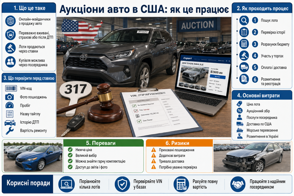 Інфографіка про роботу автомобільних аукціонів у США, перевірку лота, участь у торгах, витрати, переваги та ризики