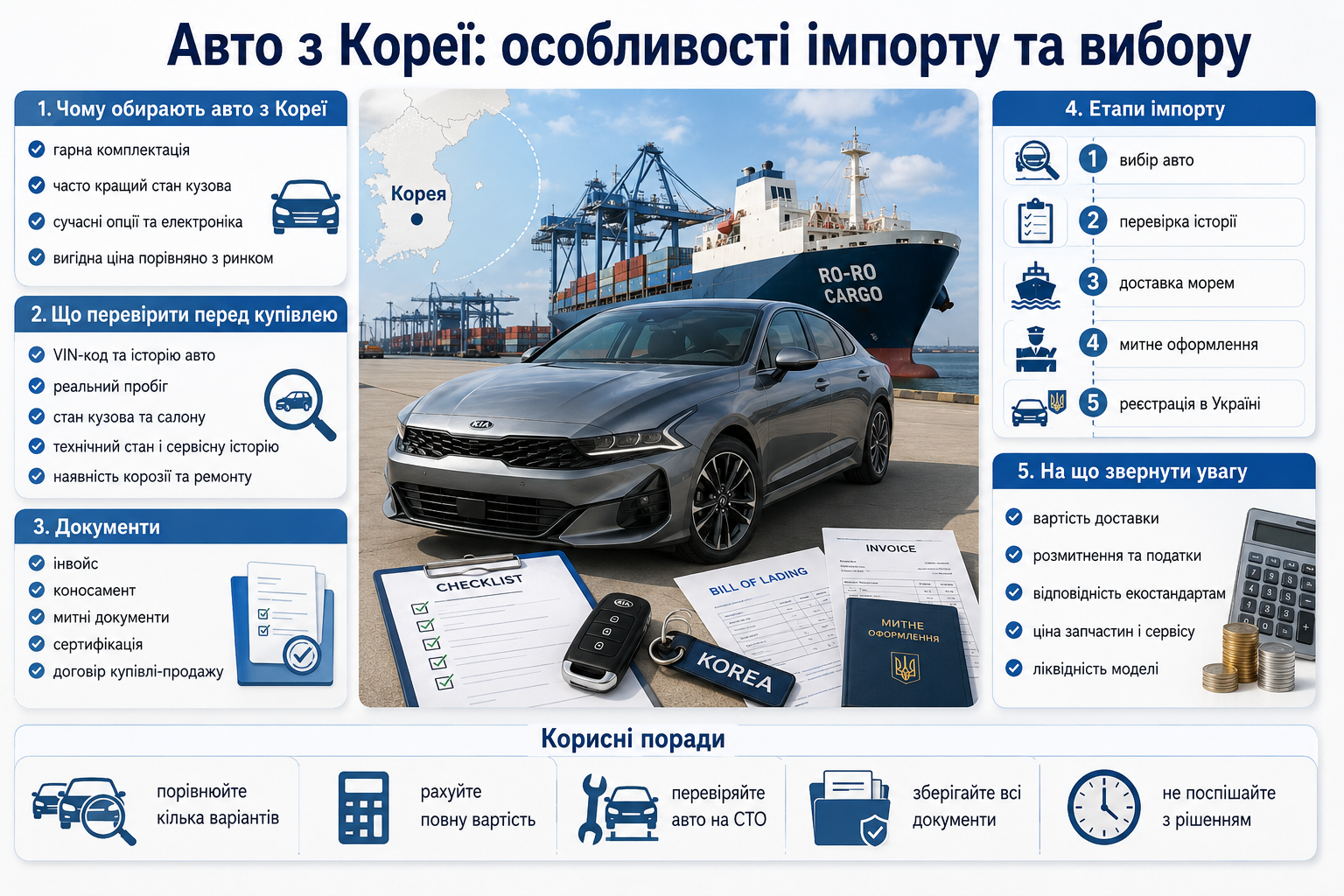 Інфографіка про вибір, перевірку, морську доставку, митне оформлення та реєстрацію автомобіля з Кореї