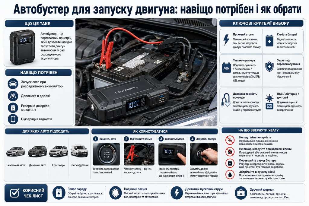 Інфографіка про призначення, критерії вибору та безпечне використання автомобільного пускового пристрою