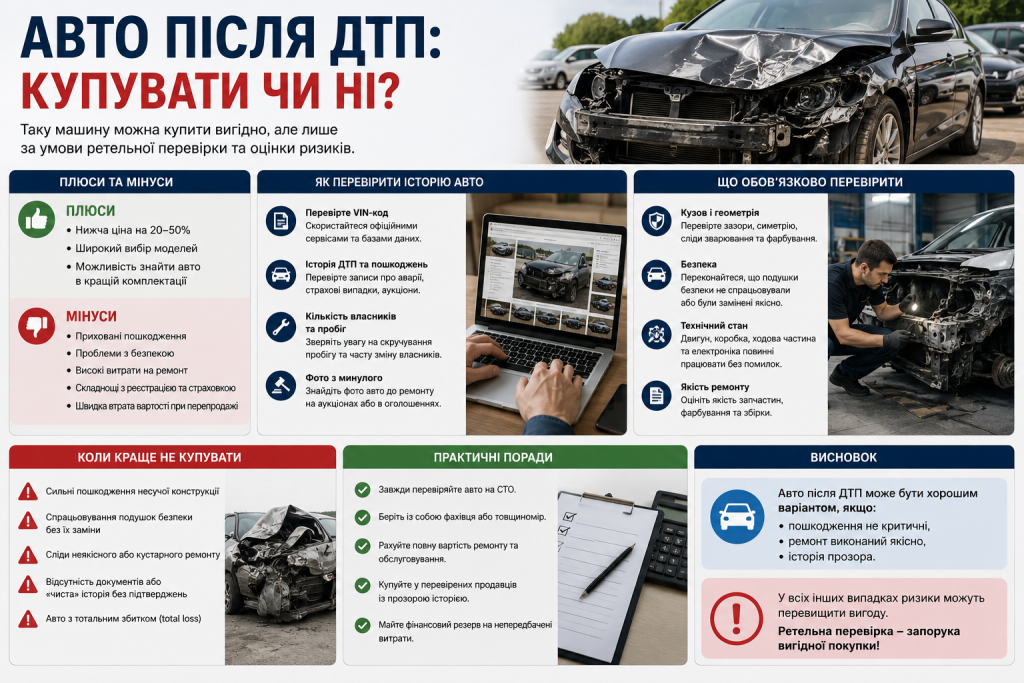 Інфографіка про переваги, ризики та основні правила перевірки автомобіля перед купівлею після ДТП