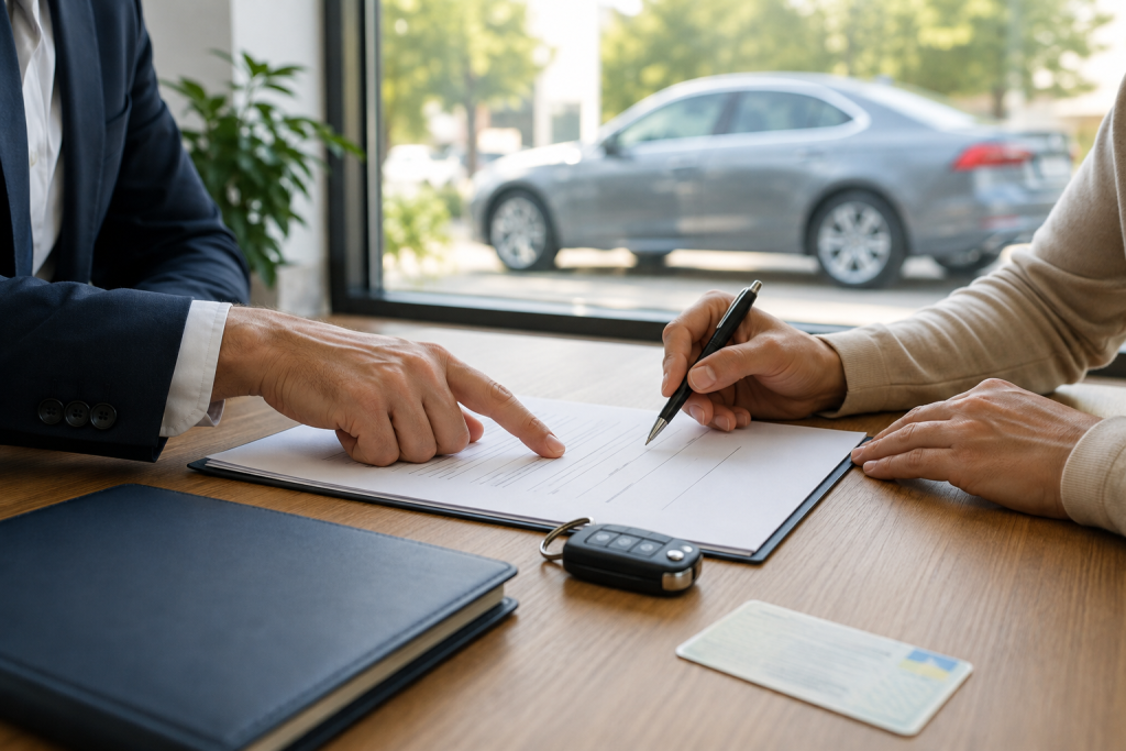 Покупець підписує договір купівлі-продажу автомобіля в офісі поруч із ключем і документами