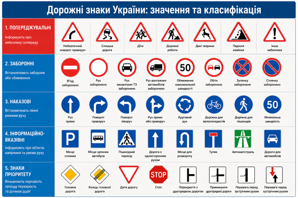 Інфографіка з попереджувальними, заборонними, наказовими, інформаційними знаками та знаками пріоритету
