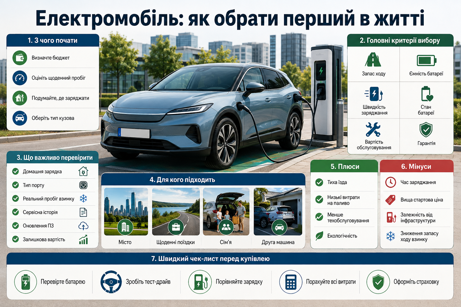 Інфографіка про вибір першого електромобіля, перевірку батареї, запас ходу, заряджання, переваги та недоліки