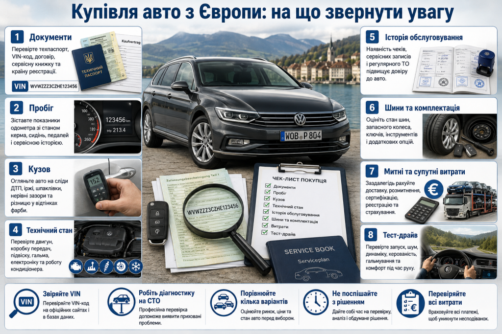 Інфографіка про перевірку документів, пробігу, кузова, технічного стану та витрат під час купівлі авто з Європи