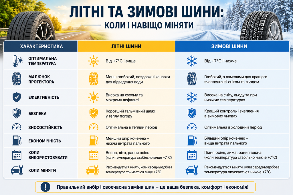 Інфографіка з порівнянням літніх і зимових шин за температурою, протектором, безпекою, економічністю та сезоном використання
