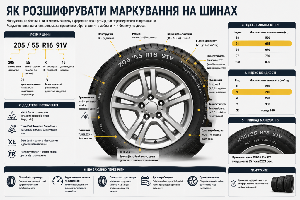 Інфографіка з поясненням маркування автомобільних шин, розміру, індексу навантаження, швидкості, дати виробництва та додаткових позначень