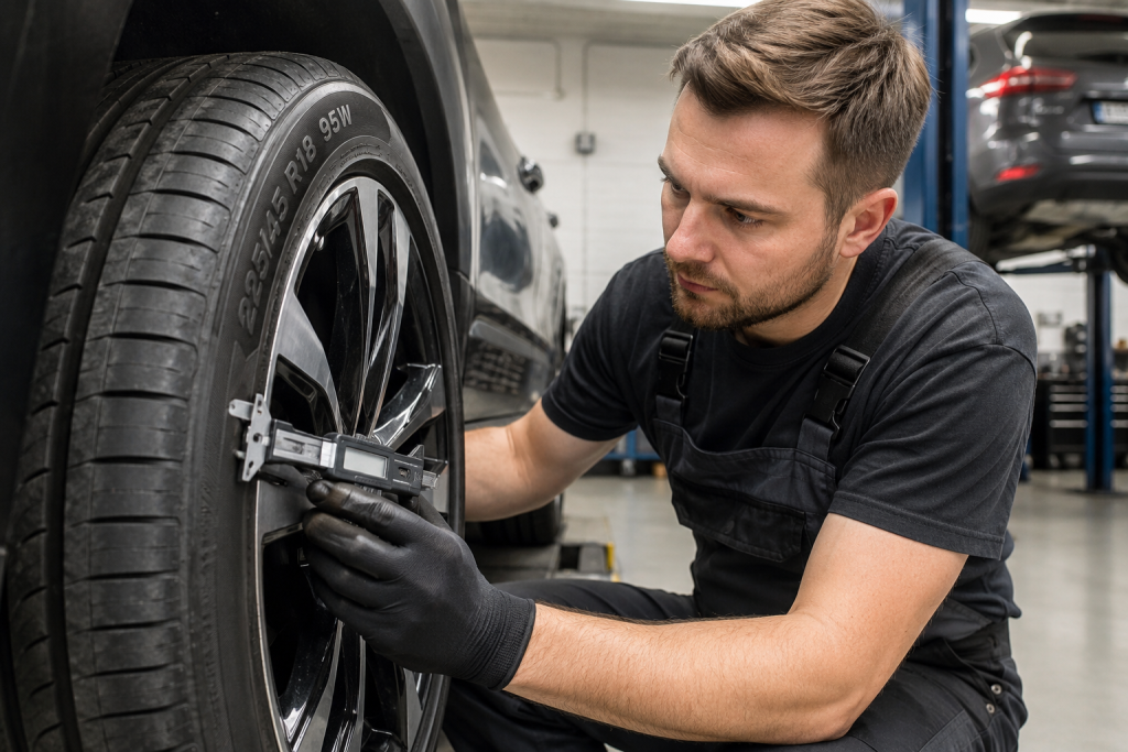 Автомеханік оглядає маркування на боковині автомобільної шини та проводить вимірювання в шиномонтажній майстерні