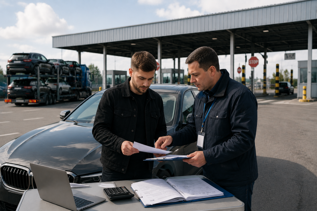 Розмитнення авто: покроковий гід і калькулятор Власник автомобіля разом із митним працівником перевіряє документи біля авто на пункті митного контролю