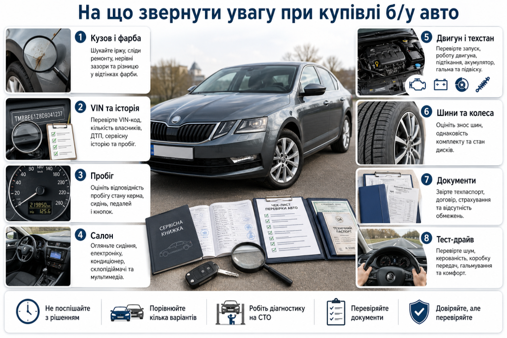 Інфографіка про перевірку кузова, VIN-коду, пробігу, двигуна, шин і документів уживаного автомобіля