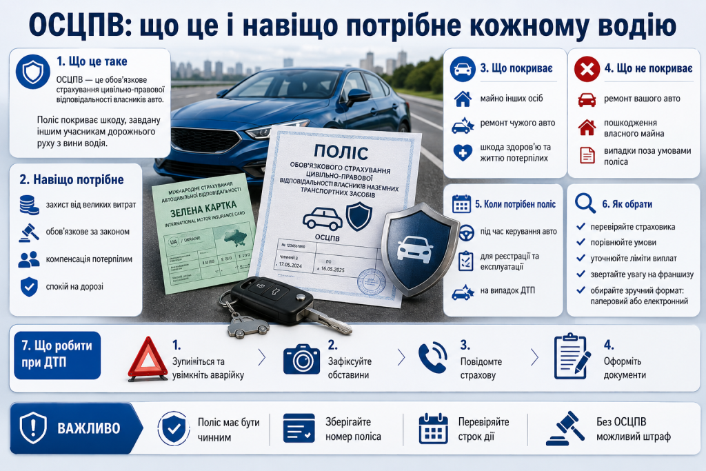 Інфографіка про покриття ОСЦПВ, вибір поліса, порядок дій під час ДТП та страхові обмеження