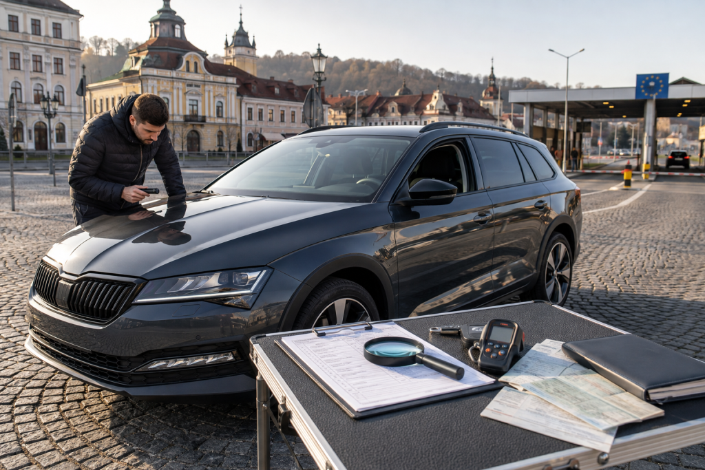 Фахівець перевіряє кузов автомобіля біля прикордонного пункту ЄС, поруч лежать документи й діагностичні прилади
