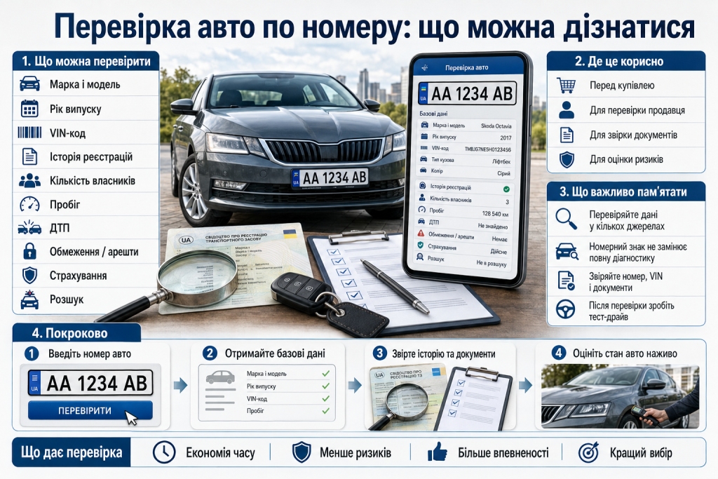 Інфографіка про перевірку марки, VIN-коду, пробігу, власників, ДТП, страхування та обмежень авто за номером