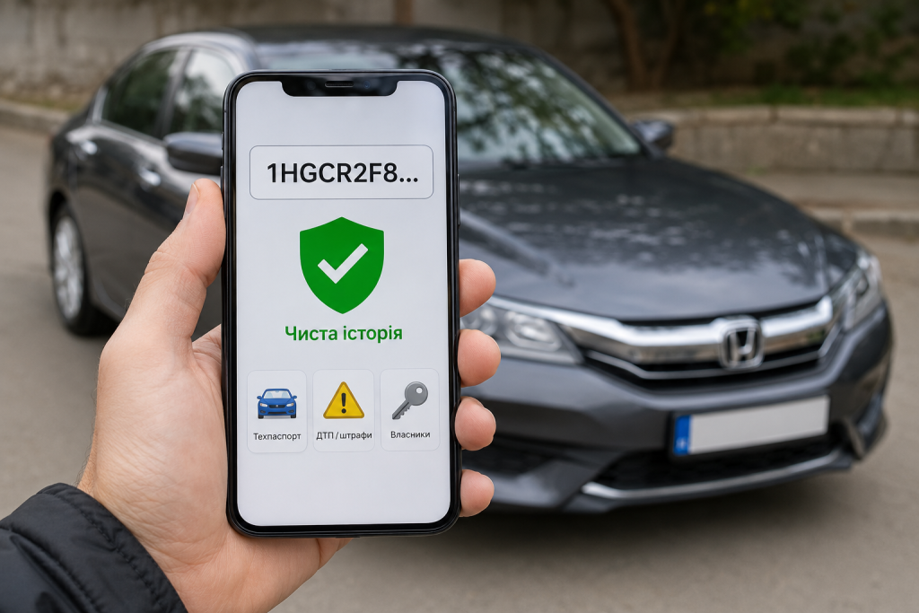 Смартфон із результатом перевірки VIN-коду та повідомленням про чисту історію на тлі автомобіля