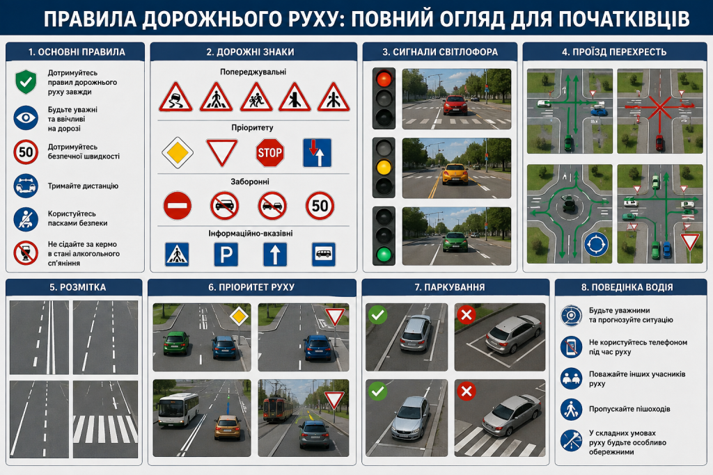 Навчальна інфографіка про дорожні знаки, світлофори, розмітку, перехрестя, паркування та поведінку водія