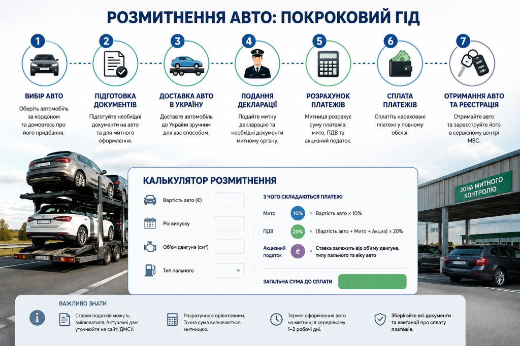 Інфографіка про розмитнення автомобіля в Україні з етапами оформлення, документами, митними платежами та калькулятором вартості