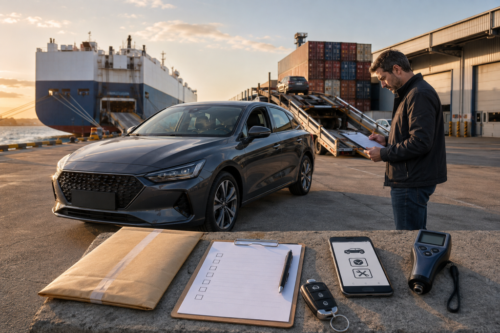 Фахівець оглядає доставлений зі США автомобіль у порту біля автовоза, вантажного судна та митних документів