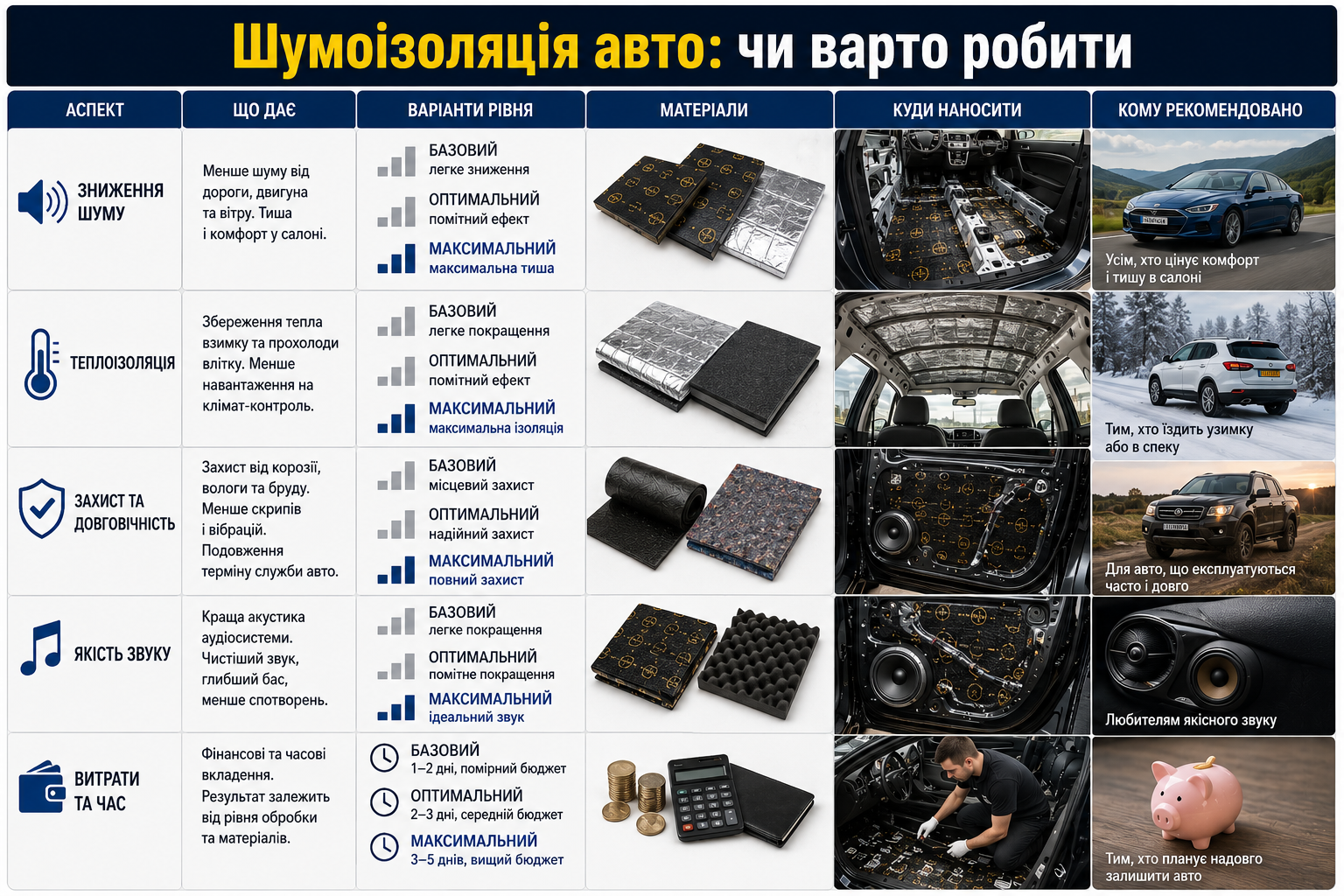 Інфографіка про рівні шумоізоляції автомобіля, матеріали, місця нанесення, переваги, витрати та терміни робіт