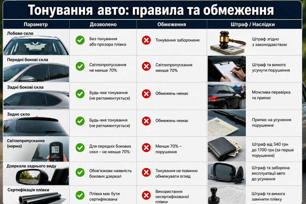 Інфографіка про вимоги до тонування лобового, переднього, заднього та бічного скла автомобіля