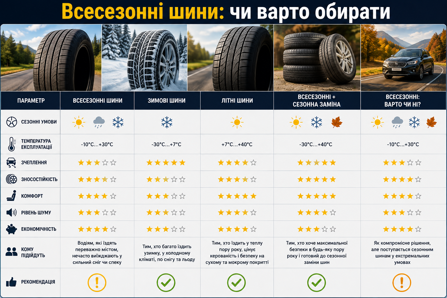 Інфографіка з порівнянням всесезонних, зимових і літніх шин за зчепленням, комфортом, шумом та економічністю