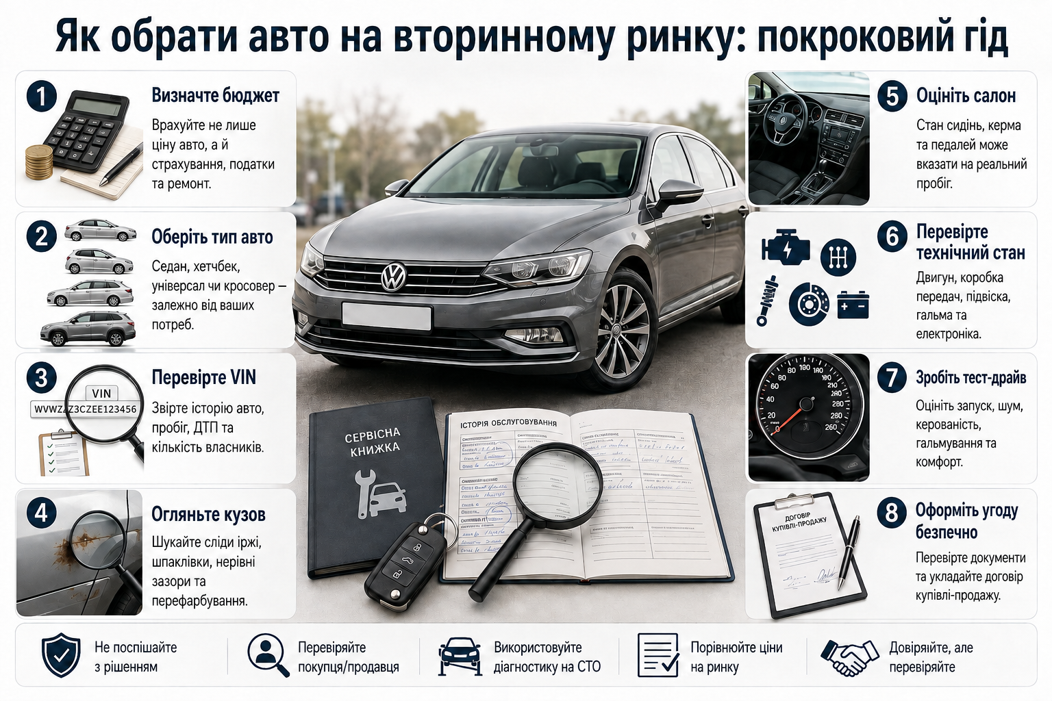 Інфографіка з етапами вибору вживаного авто: бюджет, перевірка VIN, огляд кузова, діагностика та тест-драйв