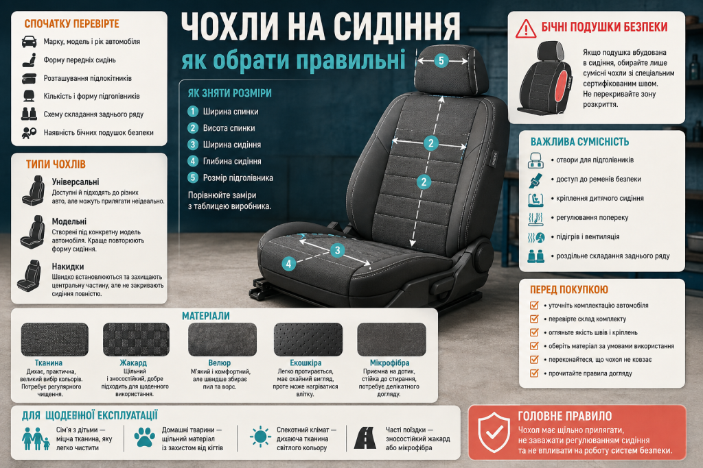 Інфографіка з порадами щодо вибору автомобільних чохлів за матеріалом, розміром, сумісністю та способом кріплення