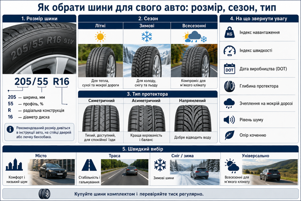 Інфографіка про вибір автомобільних шин за розміром, сезоном, типом протектора та умовами експлуатації
