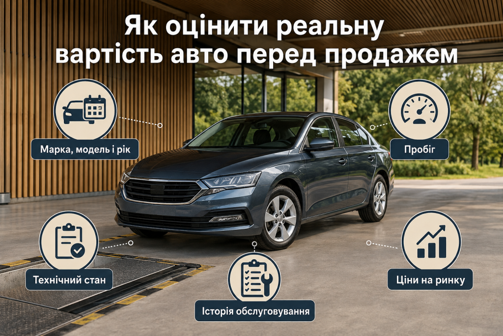 Інфографіка про оцінювання ринкової вартості автомобіля за роком, пробігом, технічним станом та історією обслуговування