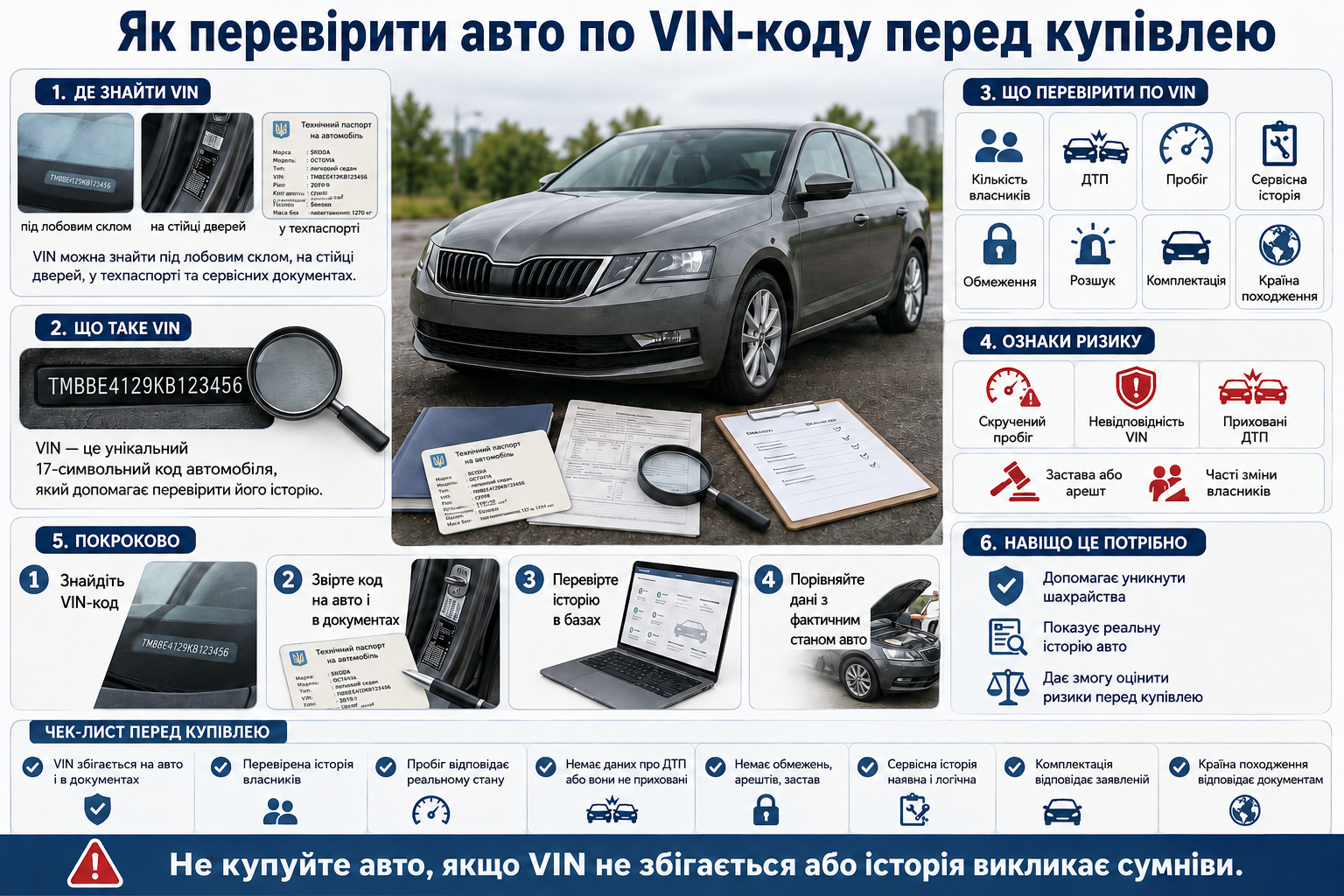 Інфографіка про пошук і перевірку VIN-коду, історії, пробігу, ДТП, власників та обмежень автомобіля