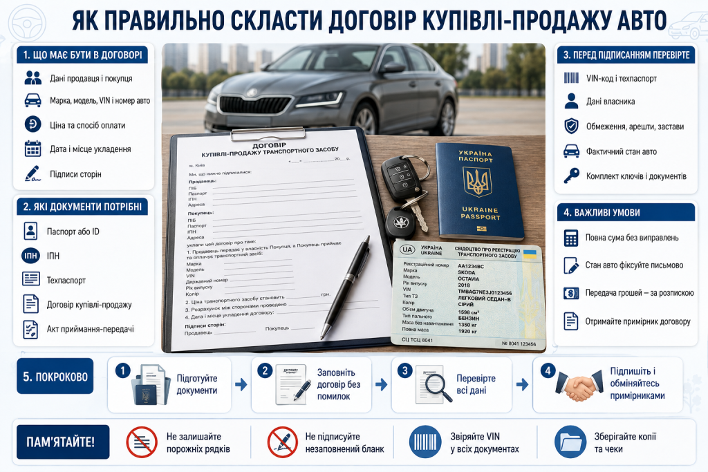 Інфографіка про оформлення договору купівлі-продажу автомобіля, необхідні документи та перевірку даних