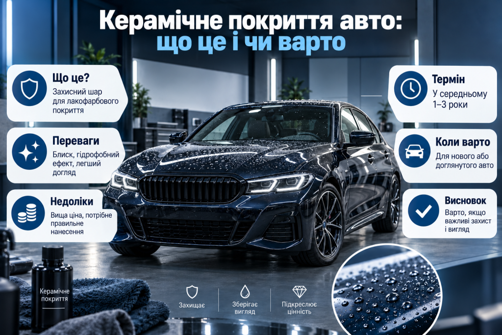 Інфографіка про керамічне покриття автомобіля, його переваги, недоліки, термін служби та захисні властивості
