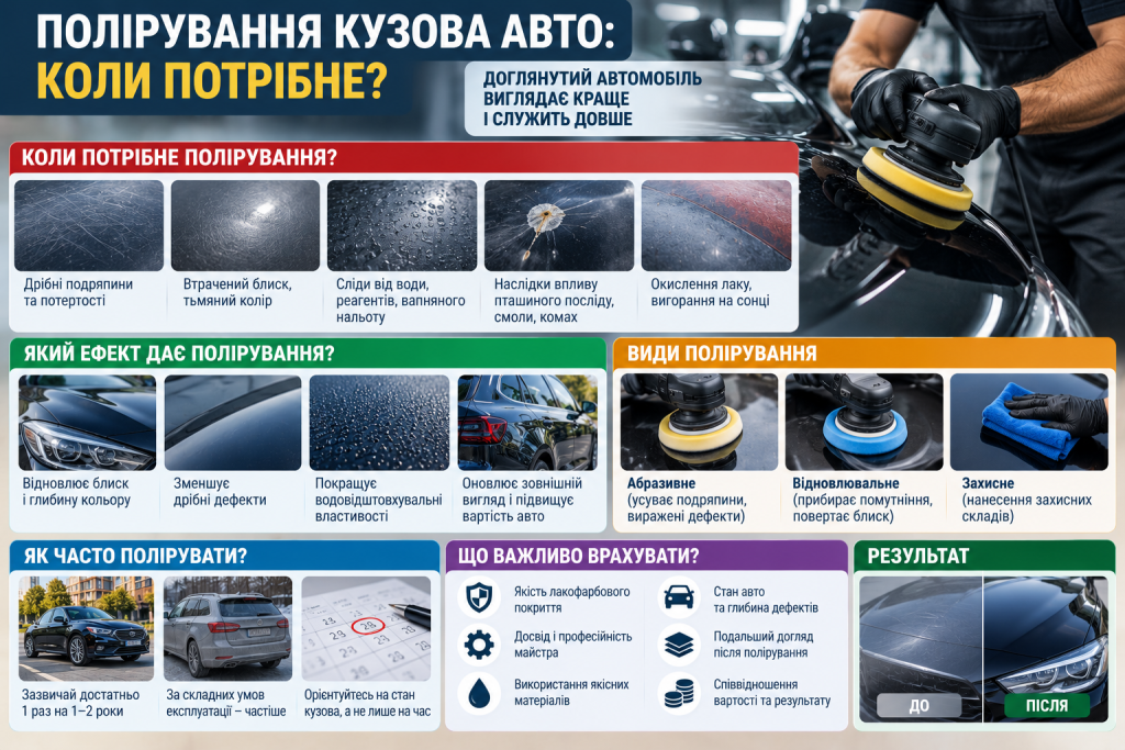 Інфографіка про полірування кузова авто, ознаки пошкодження лаку, види полірування, ефект і рекомендовану частоту процедури.