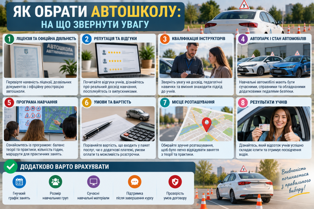 Інфографіка з порадами, як обрати автошколу за ліцензією, відгуками, кваліфікацією інструкторів, програмою та вартістю навчання.