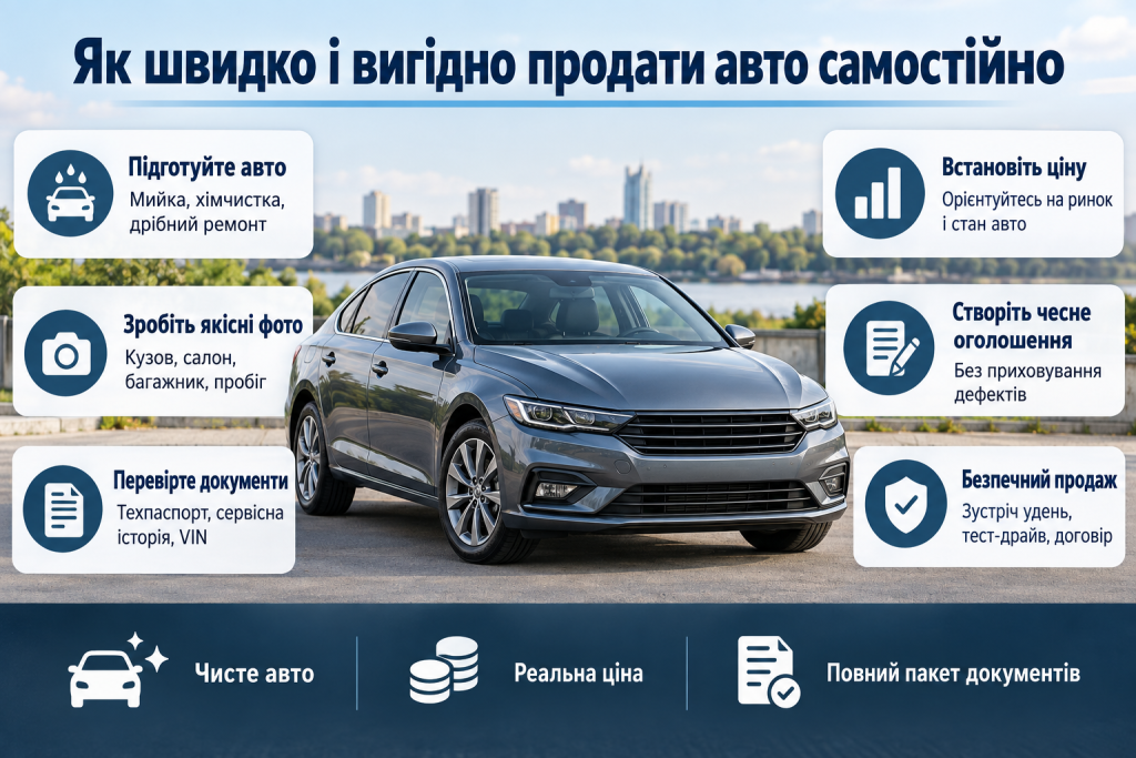 Інфографіка з порадами, як підготувати автомобіль, визначити ціну, створити оголошення та безпечно продати авто самостійно